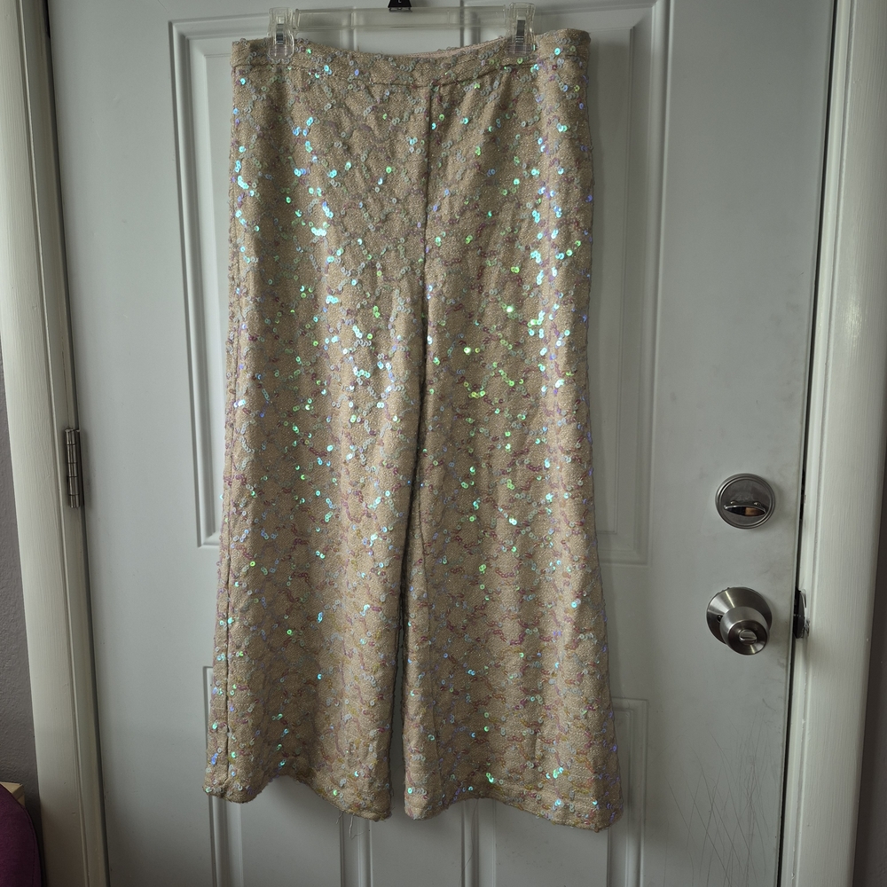 Anthropologie Sequin Wide Leg Pants in Gold and Cream